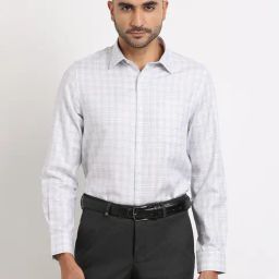 Turtle Grey Cotton Slim Fit Checks Shirt-image-91