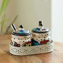 ExclusiveLane Multicolor Ceramic The Hut Pickle Jar Set with Iron Tray & Spoon-image-7