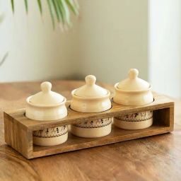 ExclusiveLane Ivory White & Brown Ceramic Art Of Warli Pickle Jar Set with Wooden Holder-11