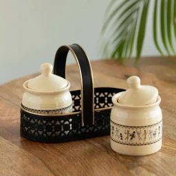 ExclusiveLane White & Black Ceramic Art Of Warli Pickle Jar Set with Iron Holder-image-19