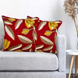 Vinayaka Fab Red And Brown 2 Pieces Embroidered Silk Square Cushion Covers-image-45