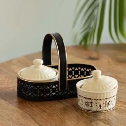 ExclusiveLane White & Black Ceramic Whispers Of Warli Pickle Jar Set with Iron Holder-36
