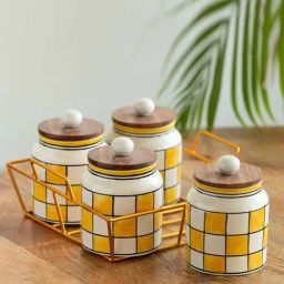 ExclusiveLane Fire Yellow & Gold Ceramic Shatranj Storage Container Set with Iron Holder-32