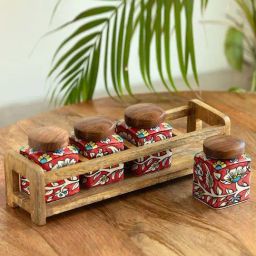 ExclusiveLane Red & Brown Ceramic Mughal Cuboidal Storage Container Set with Wooden Holder-11