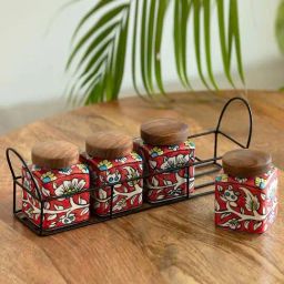 ExclusiveLane Red & Black Ceramic Mughal Cuboidal Storage Container Set with Iron Holder-31