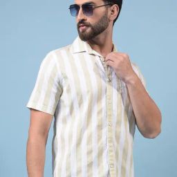 Crimsoune Club Green Cotton Slim Fit Striped Shirt-image-10