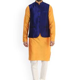 KISAH Men Yellow & Navy Blue Solid Kurta with Churidar and Nehru Jacket-picture-18