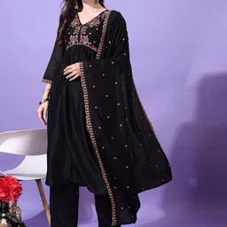 KALINI Floral Embroidered Straight Kurta With Trouser And Dupatta-image-85