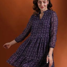 Globus Blue Printed Fit & Flare Dress-image-64