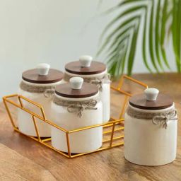 ExclusiveLane Off-White & Gold Ceramic Vintage Ivory Storage Container Set with Iron Holder-30