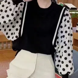 KPOP Polka Dot Printed Puff Sleeve Cotton Top-32