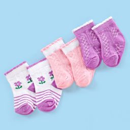 Cute Walk by Babyhug Non Terry Cotton Knit Ankle Length Anti Bacterial Socks Floral Design Pack of 3 - Pink & Purple-image-48