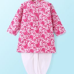 Babyhug 100% Cotton Woven Full Sleeves Kurta & Dhoti Set Paisley Pattern Print - Pink-image-93