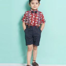 AJ Dezines Half Sleeves Elephant Motif Printed Shirt With Striped Suspender 5 Piece Party Set - Red-image-68