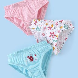 Babyhug 100% Cotton Panties Dot & Floral Print Pack of 3- Pink Blue & White-image-51