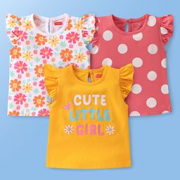 Babyhug Cotton Knit Frill Sleeves T-Shirts with Floral & Text  Print  Pack of 3- Multicolour-image-26