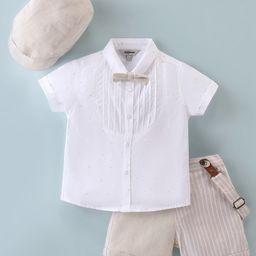 ToffyHouse Woven Half Sleeves Shirt & Shorts Set With Query Suspender & Bow Striped - White & Beige-image-99