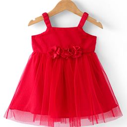 Babyhug Woven Sleeveless Fit & Flared Party Frock With Floral Corsage- Red-image-73