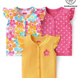 Babyhug 100% Cotton Antibacterial Frill Sleeves Front Open Vest Floral & Polka Dot Pack of 3 - Yellow White & Pink-image-88