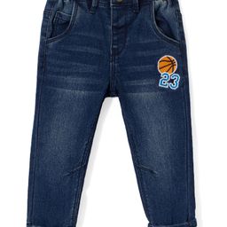 Babyhug Denim Stretchable Jeans With Basketball Embroidery - Blue-image-10