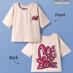 Pine Kids Cotton Knit Half Drop Shoulder Sleeves Text Printed Oversized T-Shirt - Cream-image-1