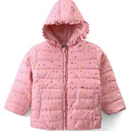 Babyhug Woven Full Sleeves Front Open Padded Hooded Jacket with Foil Star Print - Pink-image-45