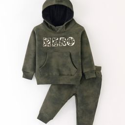 Ollypop Fleece Knit Full Sleeves Hooded Winter Wear Suit With Text Print & Kangaroo Pocket - Olive Green-image-53