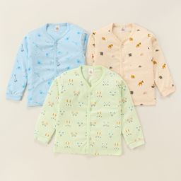 Mini Donuts Interlock Knit Full Sleeves Front Open Vests with Giraffe Print Pack of 3 - Sea Green Blue & Peach-image-10