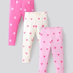 Bonfino Cotton Knit Full Length Leggings with Polka Dot & Hearts Print Pack of 3 - Pink-image-32