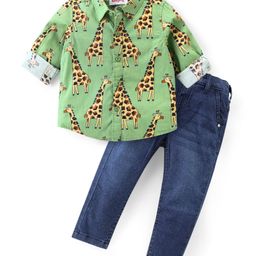 Babyhug Cotton Woven Full Sleeves Shirt & Denim Jeans Set With Giraffe Print - Green & Blue-image-84