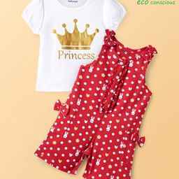 Babyoye Eco Conscious 100% Cotton Knit Eco Jiva Finish Half Puffed Sleeves Top & Dungaree Style Romper with Polka Dots Print & Bow Applique - Red & White-image-58