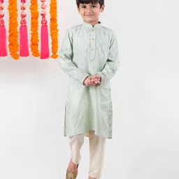 Pehanaava Cotton Full Sleeves Ethnic Motif Foil Printed Kurta Pyjama Set - Aqua Blue-picture-1