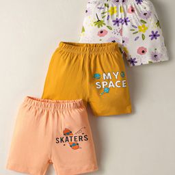 OHMS Single JerseyKnee Length Shorts With Floral Print Pack Of 3 - White Orange & Mustard-image-79