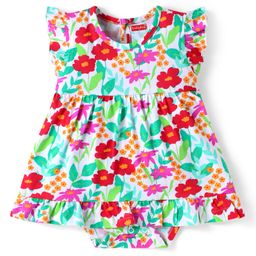 Babyhug Interlock Knit Frill Sleeves Onesie with Floral Print - Light Green & Red-image-48
