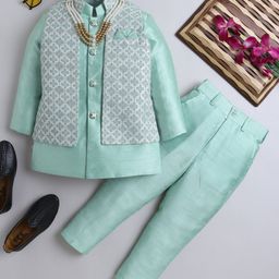 Ahhaaaa Brocade Full Sleeves Solid Kurta Pyjama With Sequin Floral Embroidered Jacket & Maala Set - Green-image-42