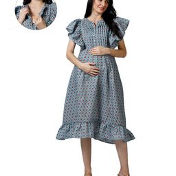 Mom for sure by Ketki Dalal Pure Cotton Sleeveless Floral Printed Maternity Dress With Front Open Nursing Access - Blue-image-36
