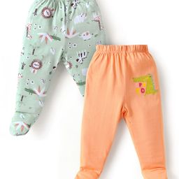 OHMS Single Jersey Knit Footed Bootie Leggings with Animal Print Pack of 2 - Light Green & Peach-image-80