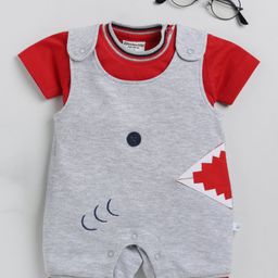 Wonderchild Interlock Patch Detailed Romper With Half Sleeves Solid Tee - Grey & Red-image-8