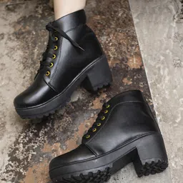 Shoetopia Solid Lace Up Boots - Black-picture-0