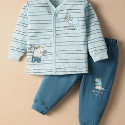 CUCUMBER Sinker Knit Full Sleeves T-Shirt & Lounge Pant Set With Animal Print - Light Blue-image-63