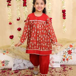 BownBee Cotton Woven Full Sleeves Fish Printed Gota Lace Embellished Kurti Pant Set - Maroon-image-50