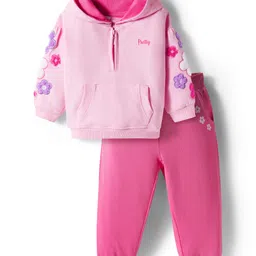 Babyhug Terry Knit Full Sleeves Hooded Top & Lounge Pant Set With Floral Embriodery - Pink-picture-41