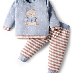ToffyHouse Cotton Knit Full Sleeves Winter Wear Suits T-Shirt & Joggers Set With Bear Design - Light Blue-picture-34