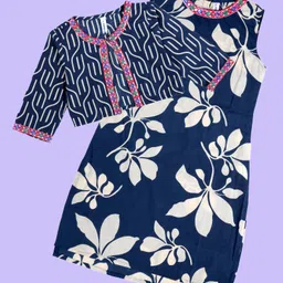 Kiddopanti Cotton Woven Floral Printed Kurti & Three Fourth Sleeves Mirror Work Detailed Koti Set - Teal Blue-picture-27