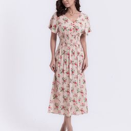 Garvili Women Beige Floral Print Midi Dress-image-78