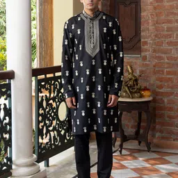 PATR Floral Embroidered Mandarin Collar Thread Work Cotton Silk Straight Kurta-picture-39