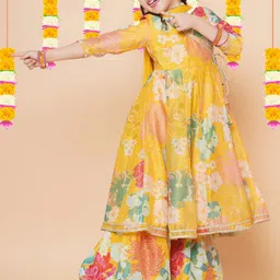 BAESD Girls Floral Printed Angrakha Gotta Patti Kurta & Sharara With Dupatta Set-picture-21