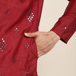 SOJANYA Men Maroon Embroidered Mirror Work Kurta with Pyjamas With Nehru Jacket image 2