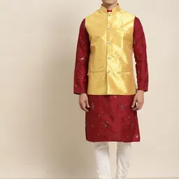 SOJANYA Men Maroon Embroidered Mirror Work Kurta with Pyjamas With Nehru Jacket-4