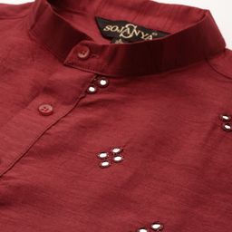 SOJANYA Men Maroon Embroidered Mirror Work Kurta with Pyjamas With Nehru Jacket image 4